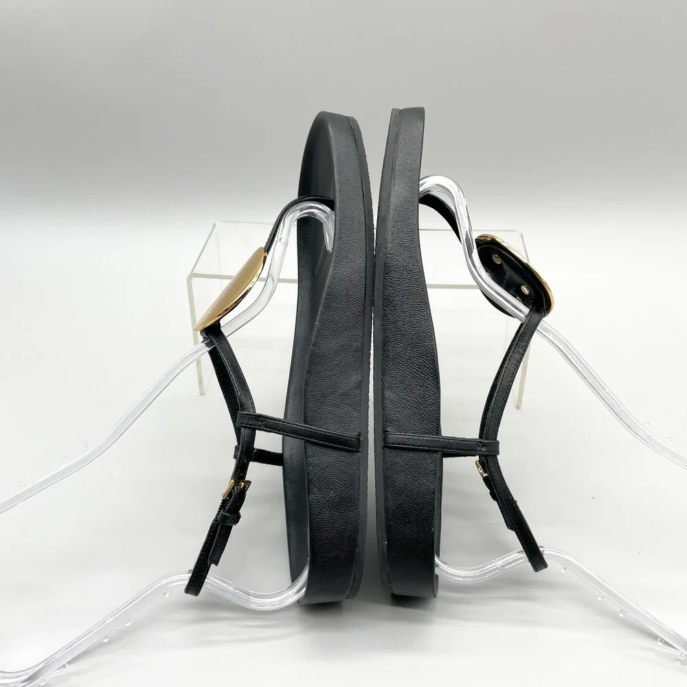 Tory Burch Patos Disk Sandals Womens 7.5 Black Leather Thong Slingback Flat Shoe
